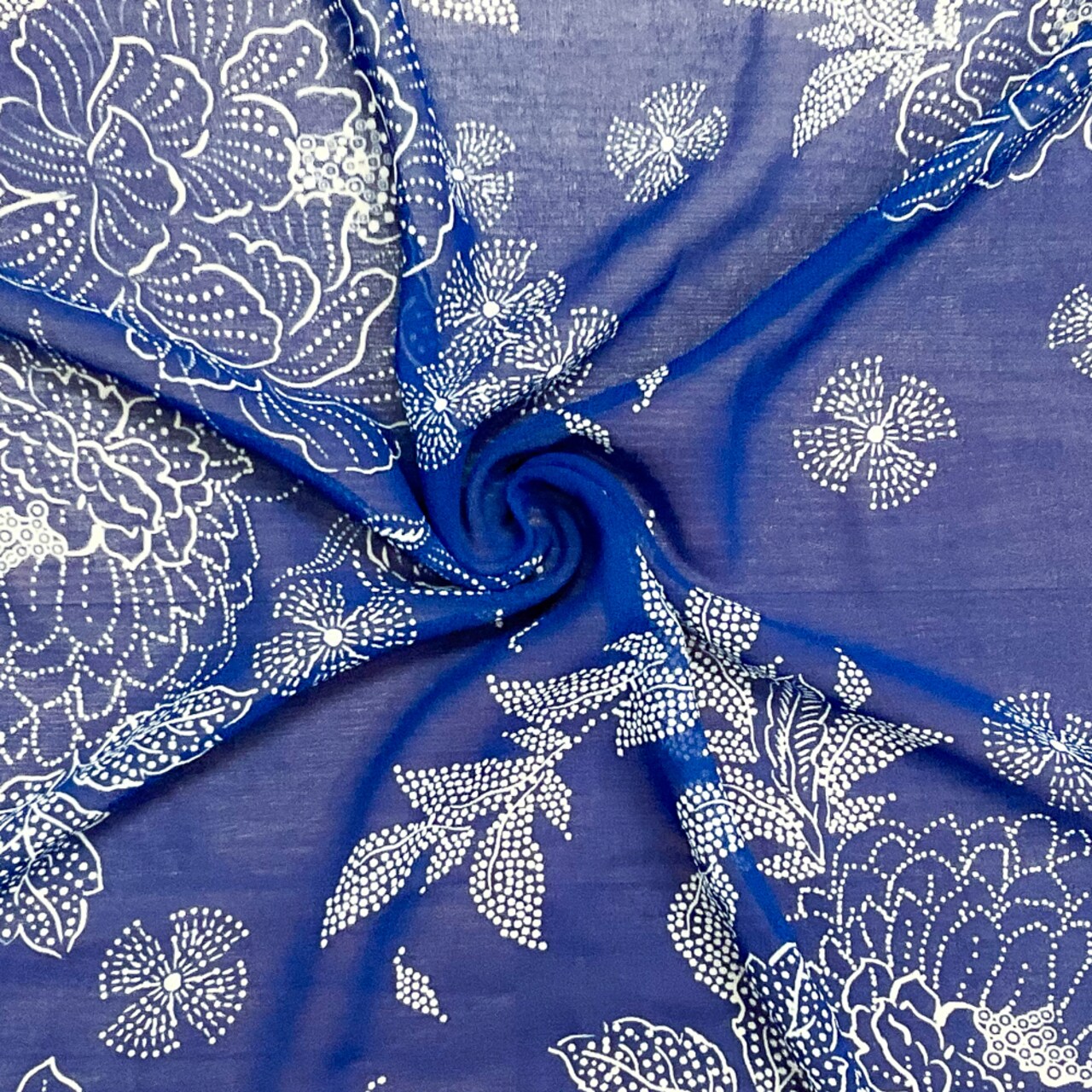 Blue-White Poly Floral Printed Chiffon Woven Fabric By the Yard